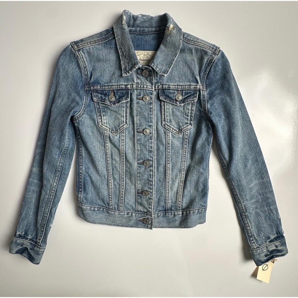 AllSaints Spitalfields Distressed Denim Trucker Jacket Blue US 0 UK 4 EU 32